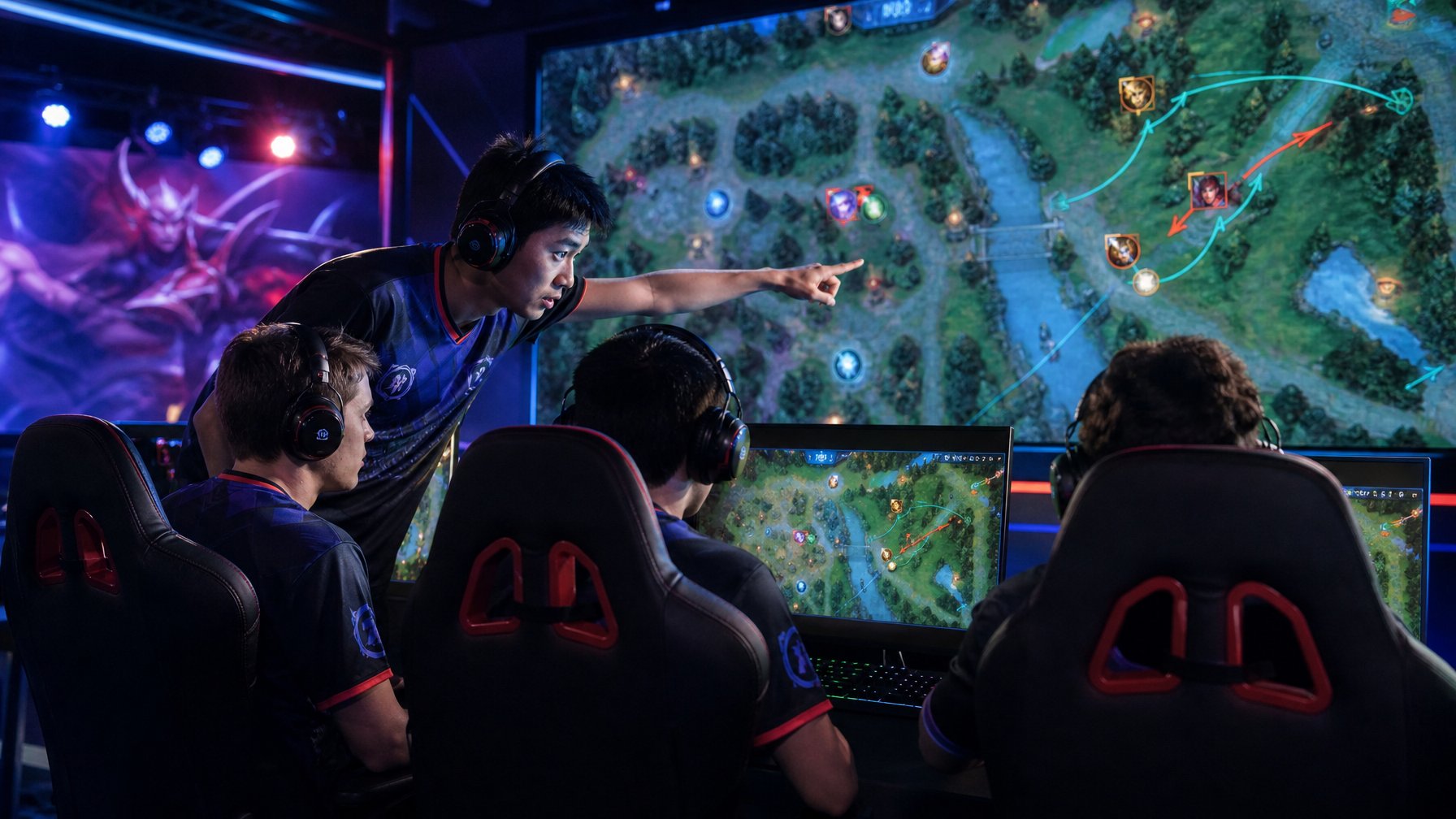 Sekelompok pemain esports serius sedang berdiskusi dan merencanakan strategi di depan layar besar yang menampilkan peta permainan Dota 2.