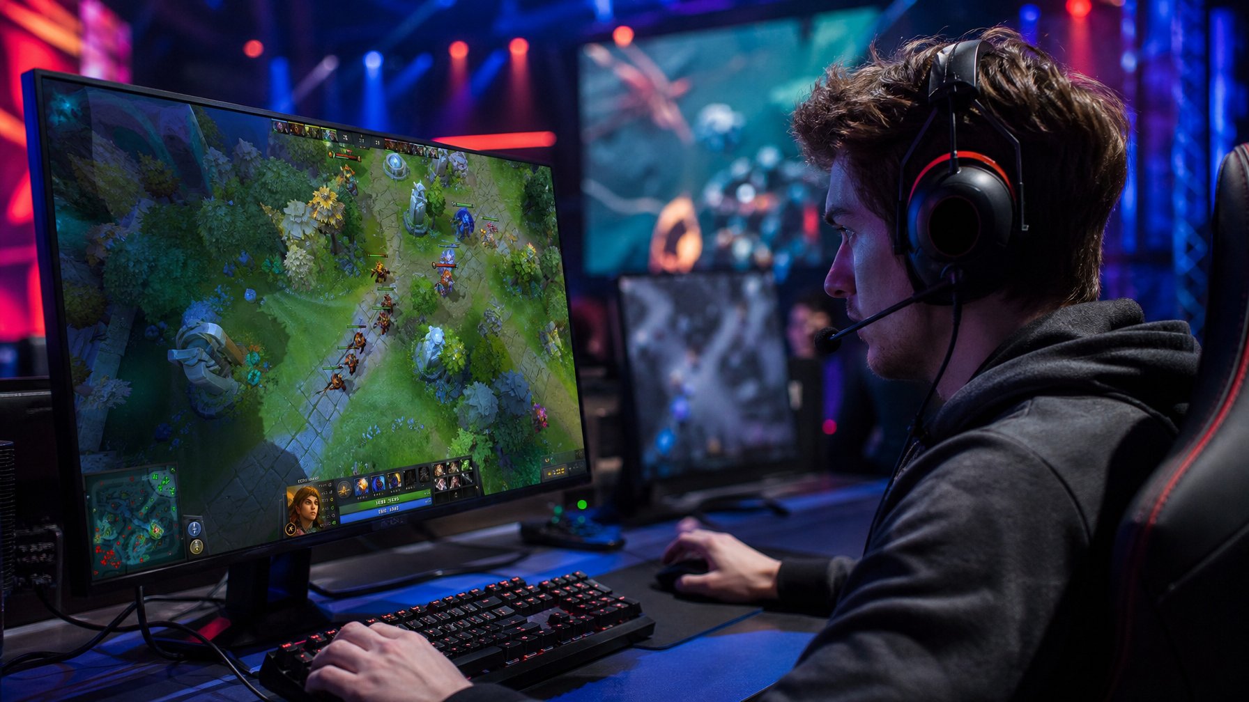 Seorang pemain esports fokus bermain Dota 2 di depan monitor dengan suasana ruangan yang gelap dan pencahayaan RGB.