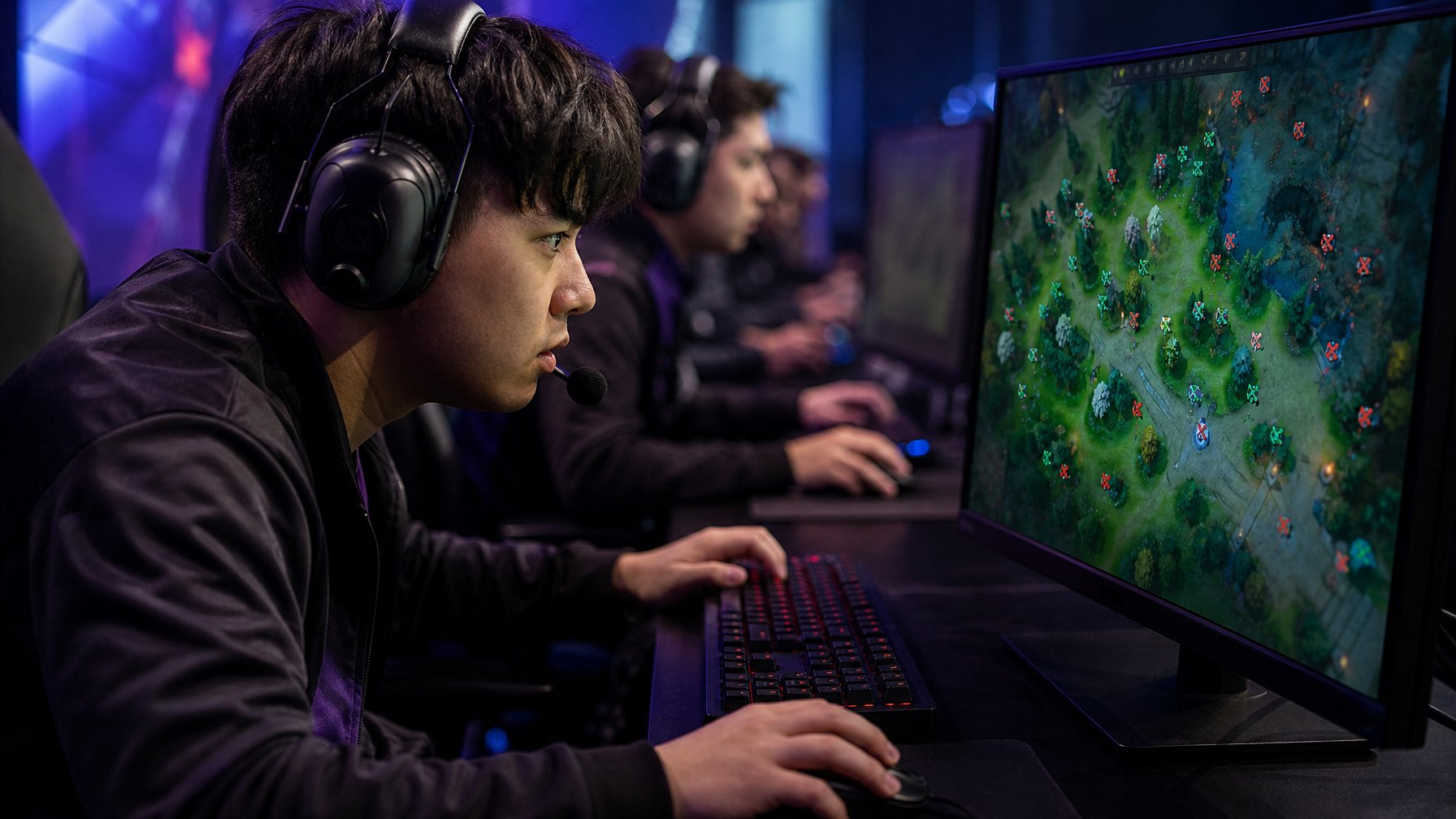 Seorang pemain esports fokus bermain Dota 2 di depan komputer dengan tampilan peta permainan yang menunjukkan aktivitas ward dan de-warding.