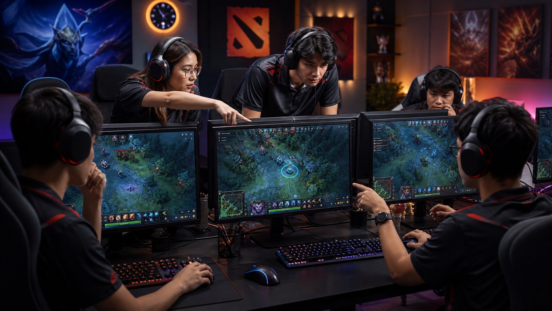 Sekelompok pemain esports sedang bekerja sama di dalam ruangan gaming, fokus pada strategi memasang ward dan de-warding di permainan Dota 2.