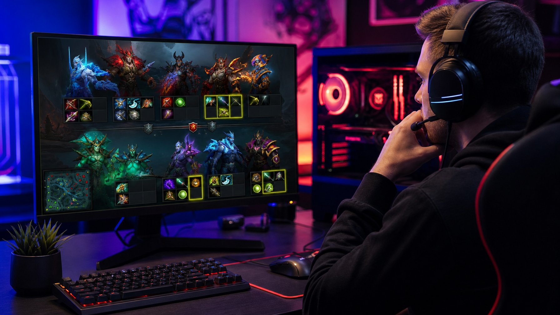Seorang pemain game sedang fokus di depan komputer dengan layar yang menampilkan tampilan pemilihan hero dan item di Dota 2.