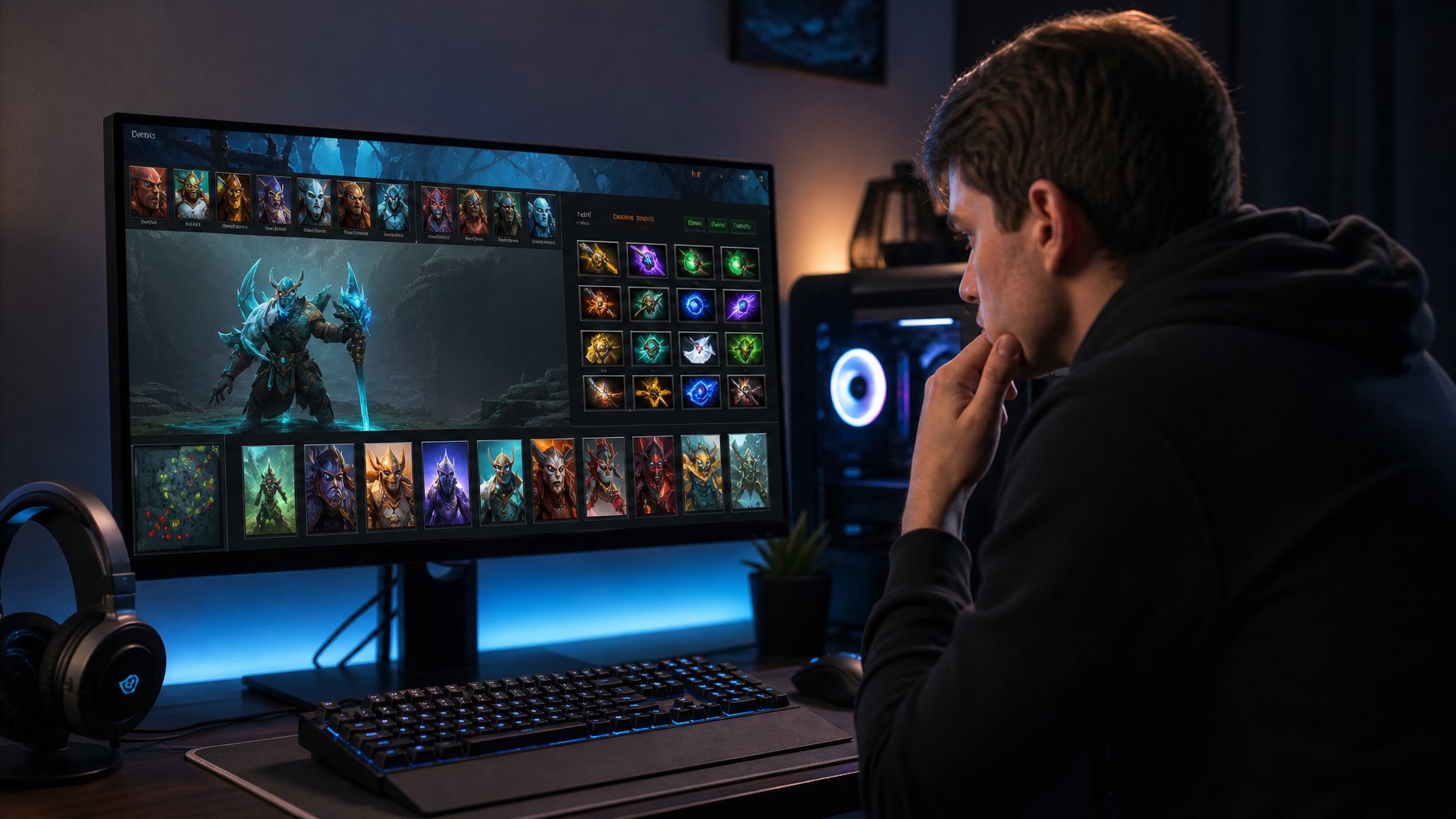 Seorang gamer serius duduk di depan komputer dengan layar menampilkan pilihan hero Dota 2 dan penghitung item.