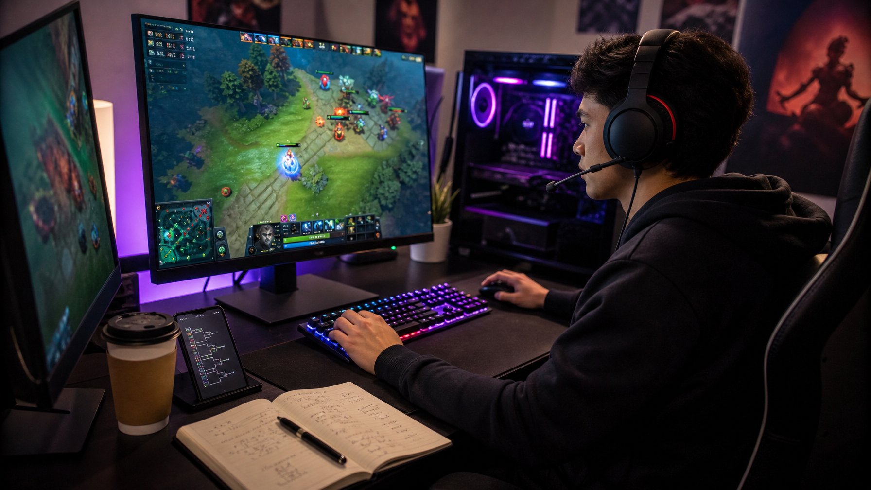 Seorang pemain muda sedang duduk di depan komputer dengan beberapa monitor menampilkan permainan Dota 2, mengenakan headset, dan tampak fokus mempersiapkan diri untuk turnamen.