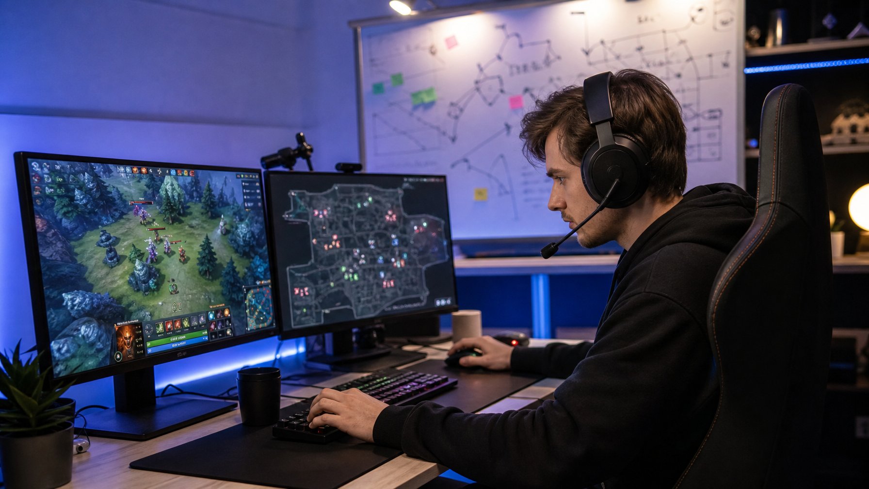 Seorang pemain muda fokus duduk di depan komputer dengan dua monitor menampilkan permainan Dota 2 dan peta strategi, sedang mempersiapkan diri menghadapi turnamen.