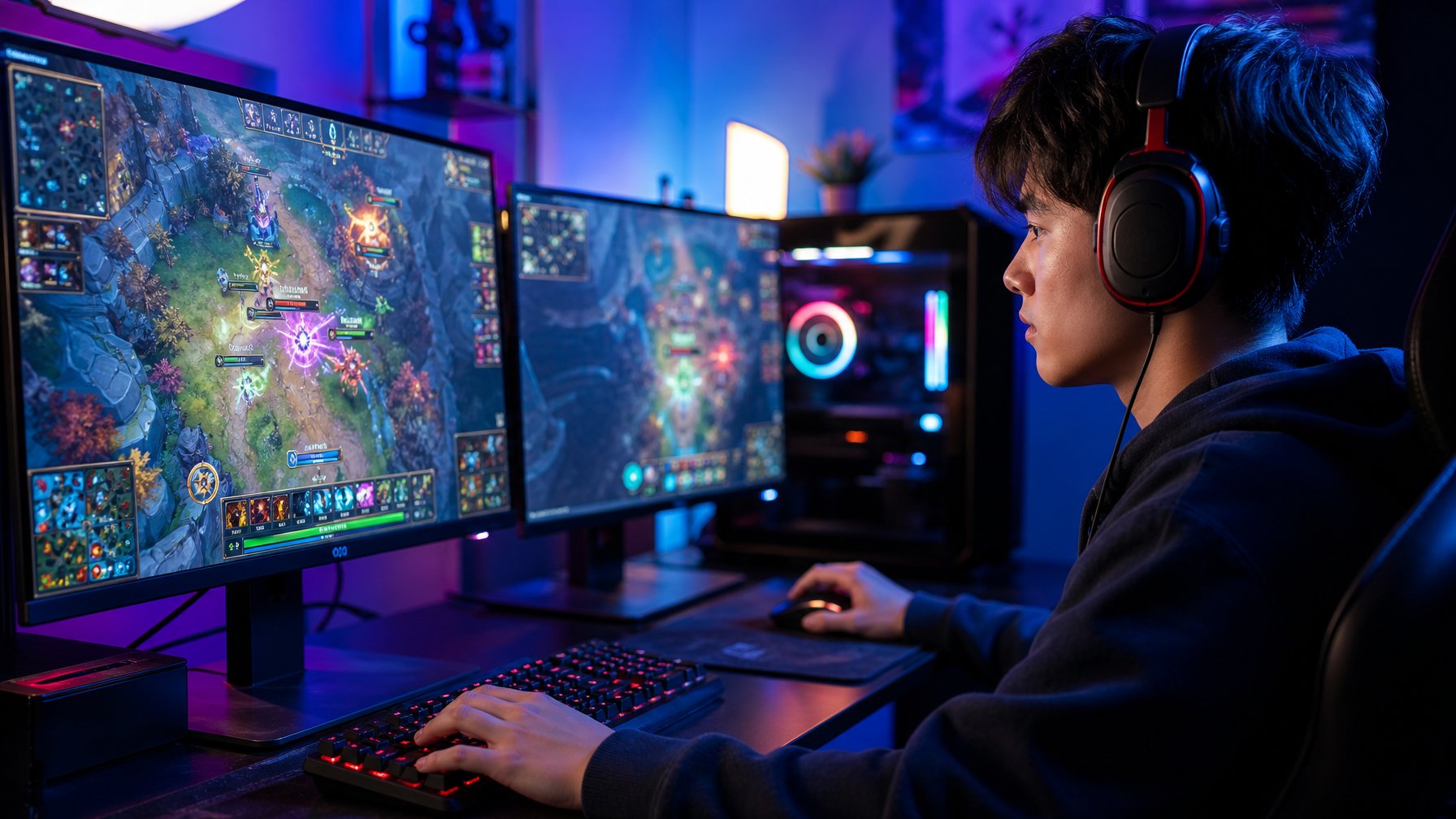Seorang pemain esports fokus bermain game MOBA di komputer dengan beberapa monitor dan peralatan gaming di meja.