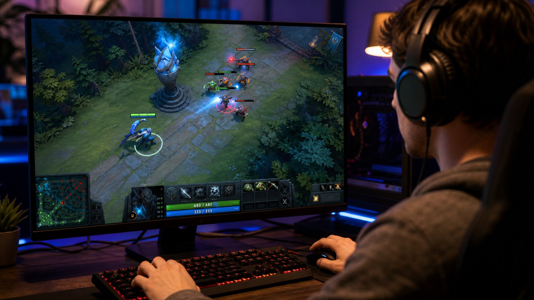 Seorang pemain game sedang fokus bermain Dota 2 dengan layar komputer menampilkan momen menyangkal di dalam permainan.