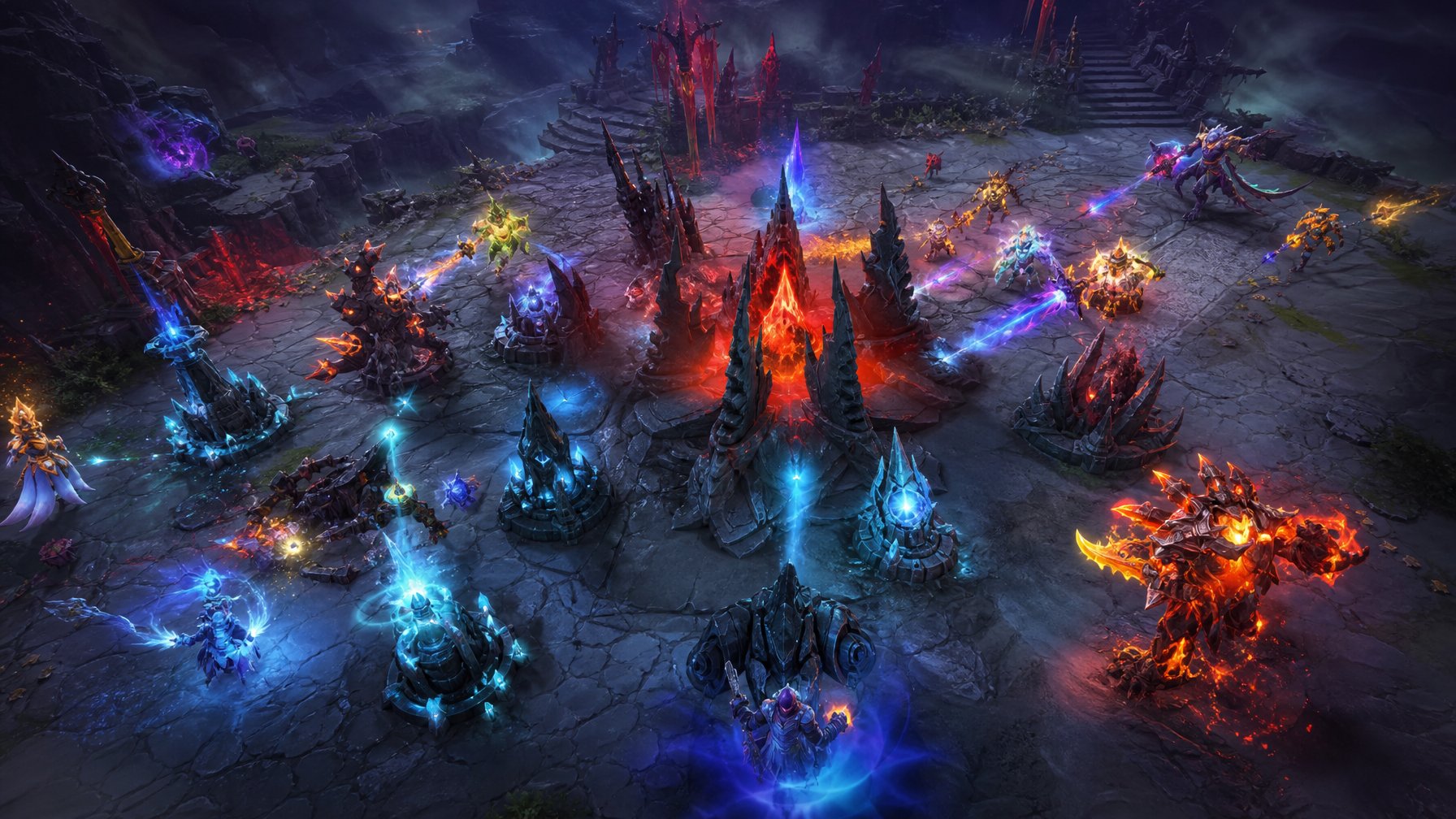 Adegan pertempuran sengit di permainan Dota 2 saat pemain mempertahankan markas dari serangan musuh di tahap akhir permainan.
