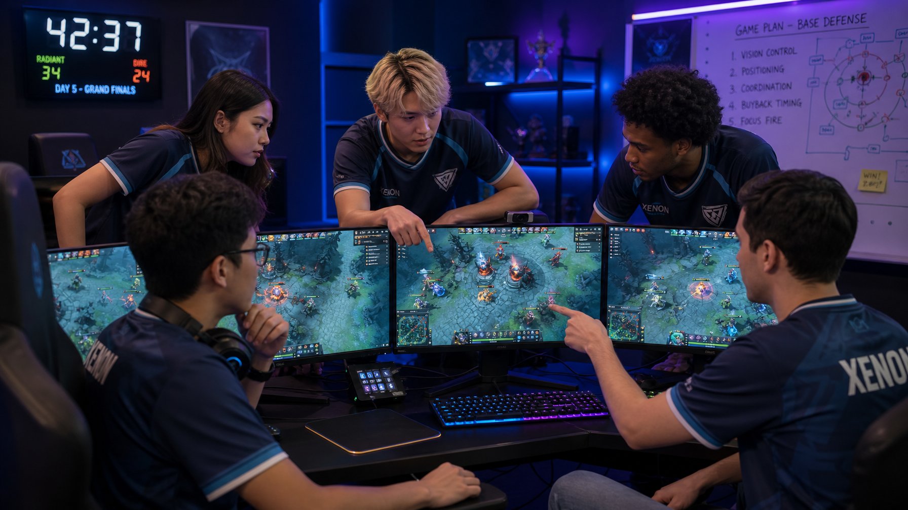 Tim esports sedang berdiskusi serius di depan layar komputer dengan peta strategi permainan MOBA, merencanakan markas pertahanan dari serangan musuh.