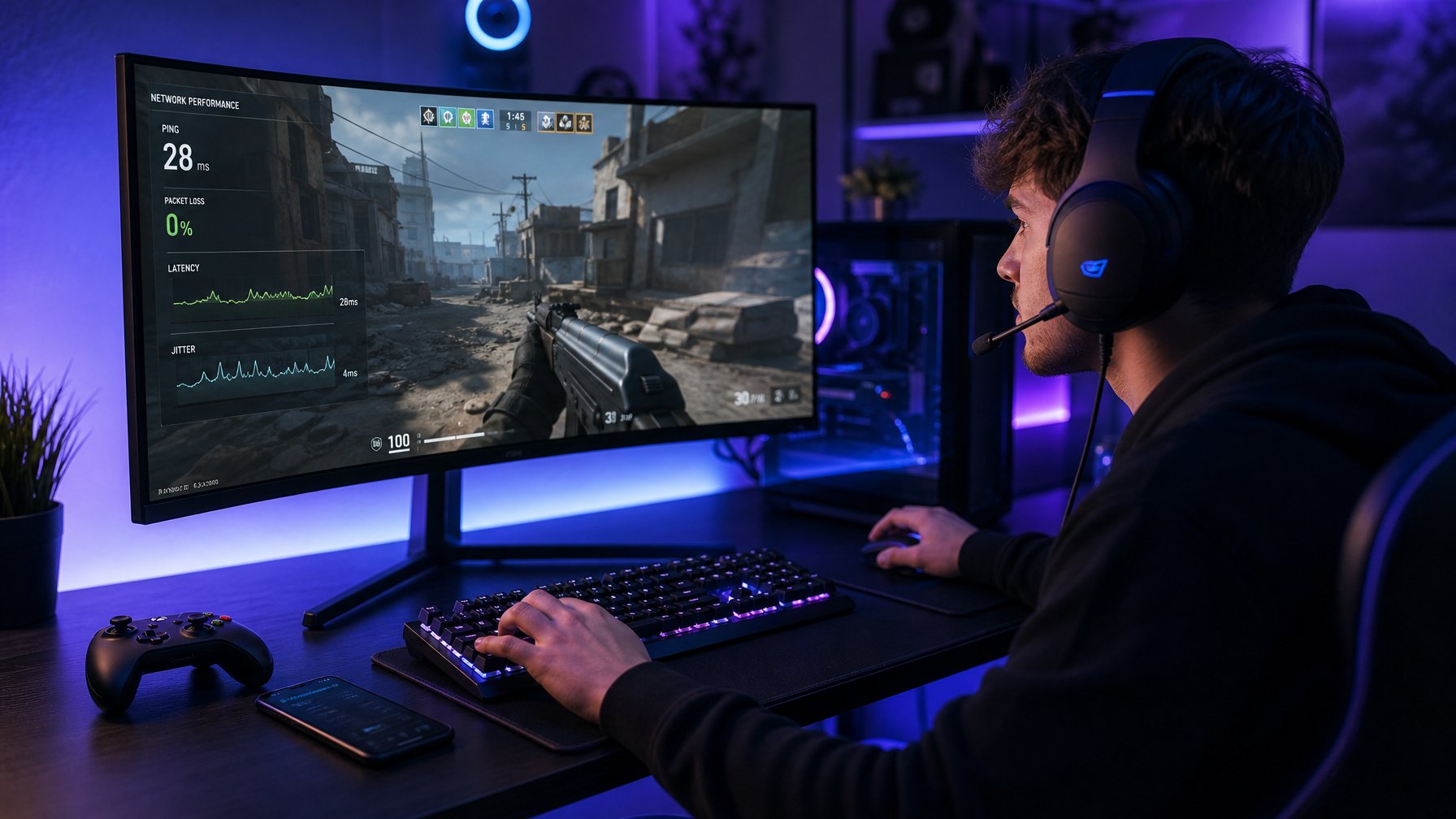 Seorang gamer muda fokus bermain game tembak-menembak di meja gaming dengan monitor besar dan lampu RGB.