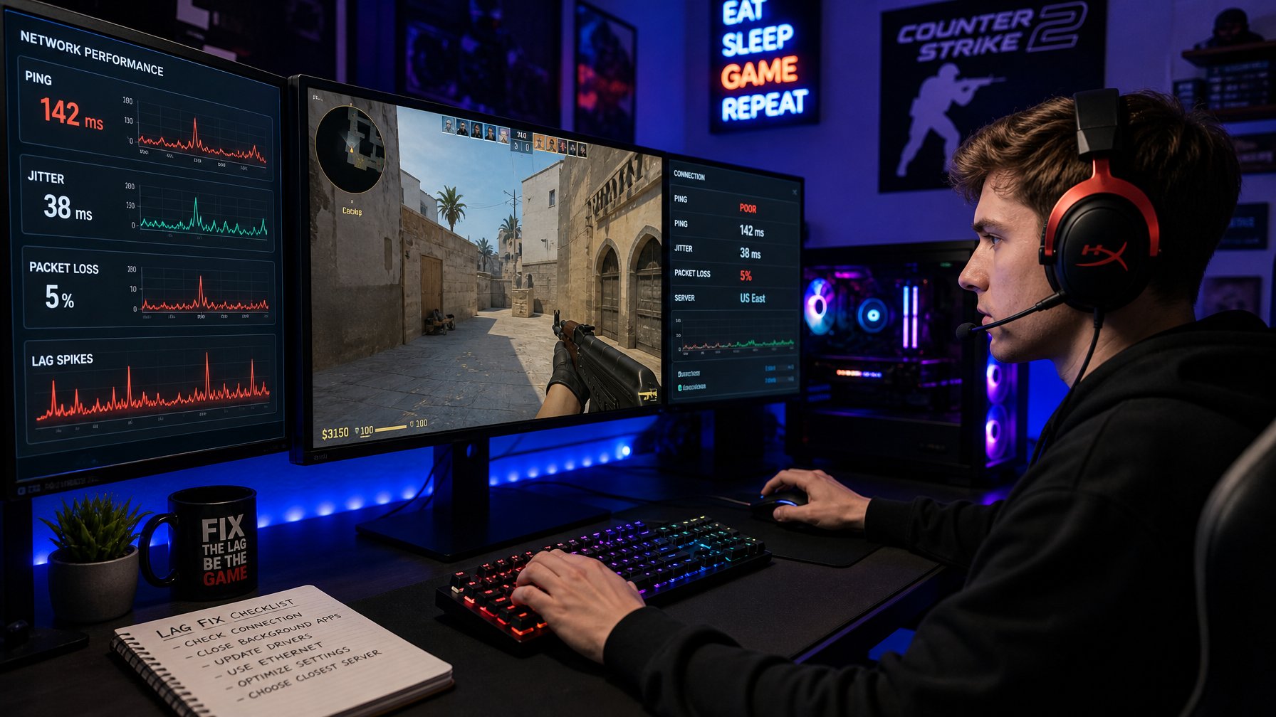 Seorang gamer muda fokus bermain di depan beberapa monitor dengan grafik jaringan dan permainan Counter-Strike 2 di layar, di ruangan dengan pencahayaan biru dan ungu.