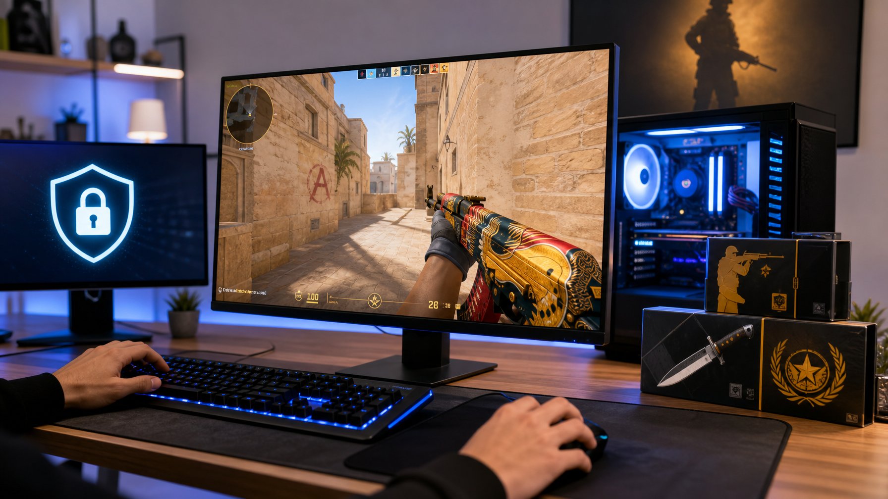 Seorang gamer sedang memainkan Counter-Strike 2 di komputer dengan tampilan skin senjata yang berwarna-warni, di ruangan yang rapi dan terang.