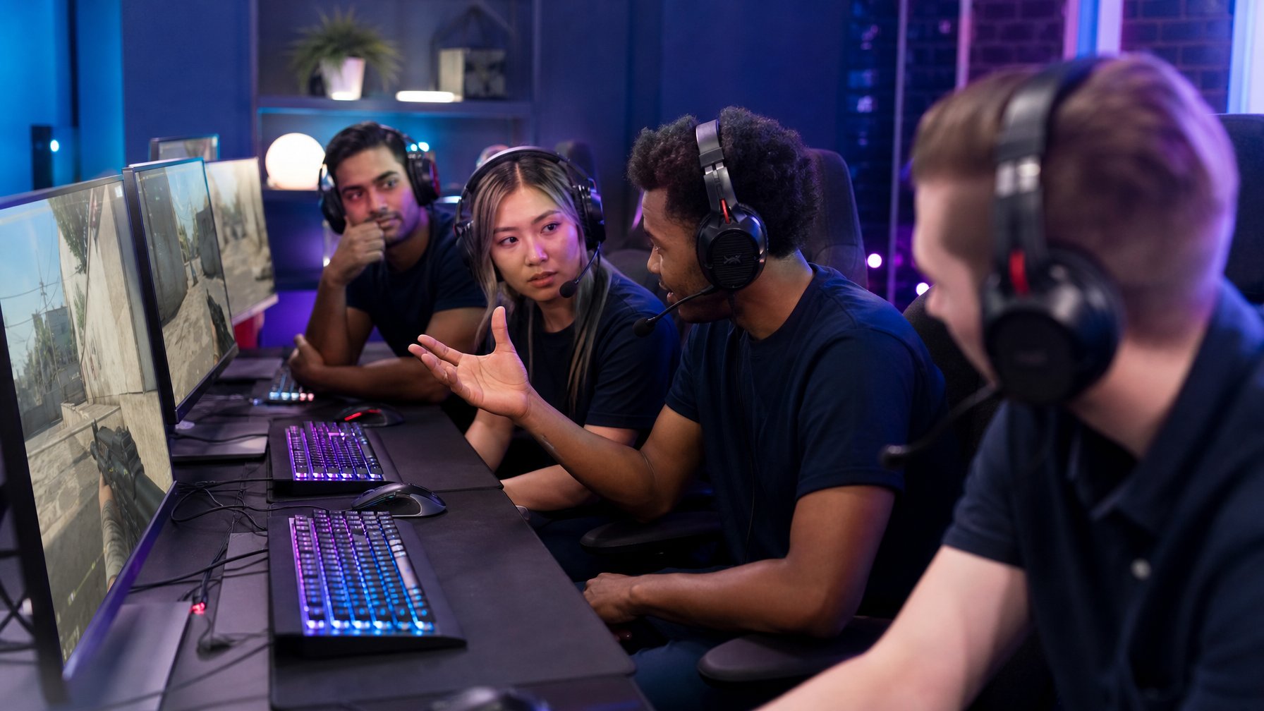 Sekelompok orang muda sedang berdiskusi serius dan bekerja sama saat bermain video game Counter-Strike 2 di sebuah ruangan gaming modern.