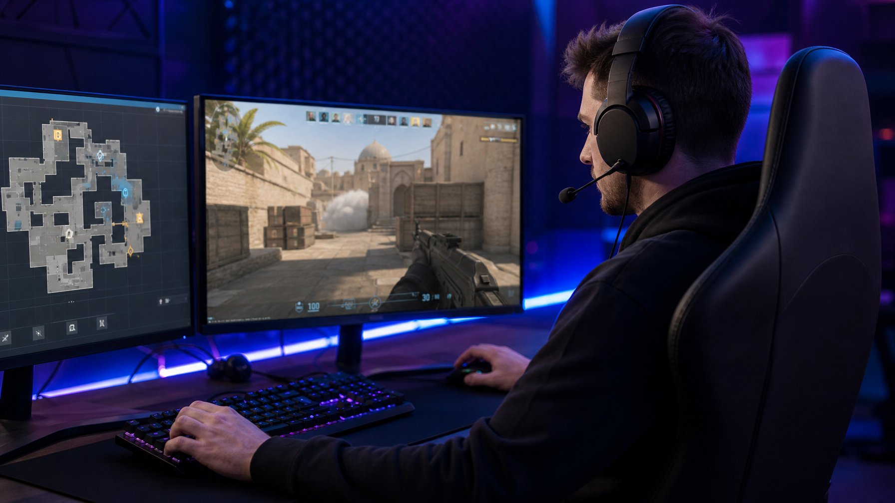 Seorang pemain esports fokus bermain game tembak-menembak di depan dua monitor dengan peralatan gaming di meja.
