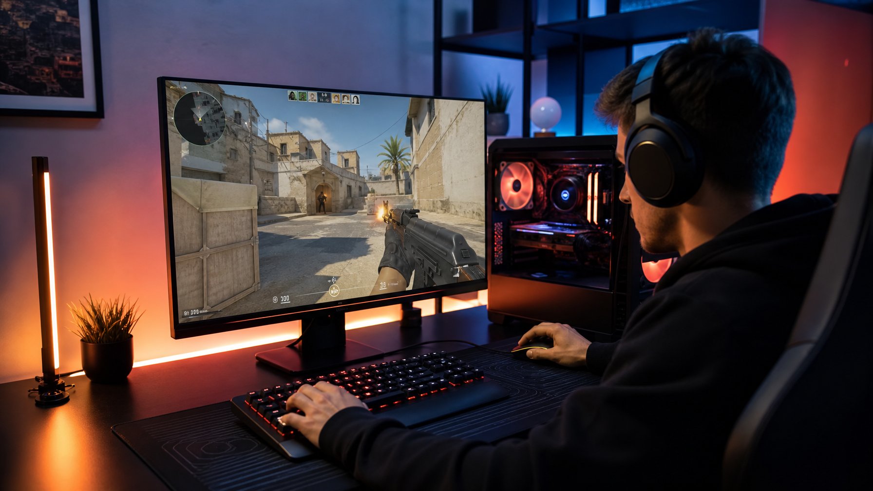 Seorang gamer sedang bermain Counter-Strike 2 di depan komputer dengan peralatan gaming lengkap di ruangan modern.