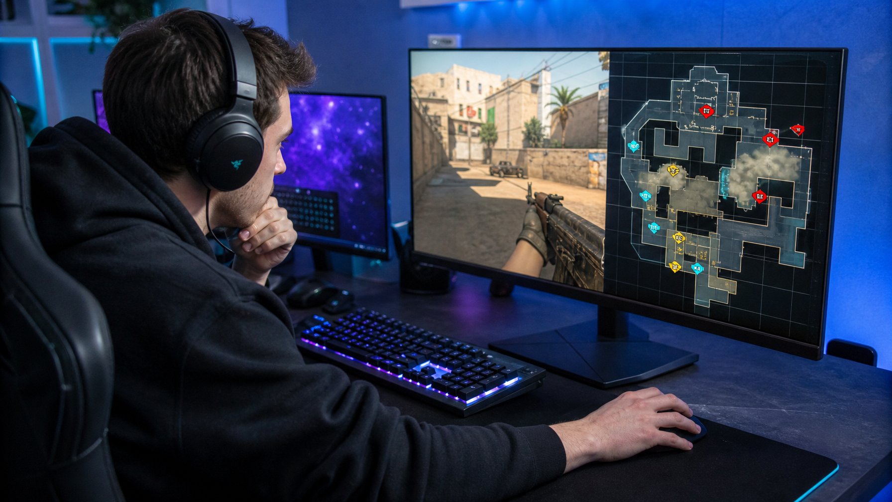 Seorang pemain game sedang fokus melihat layar komputer yang menampilkan peta radar dan peta strategi dari permainan Counter-Strike 2.
