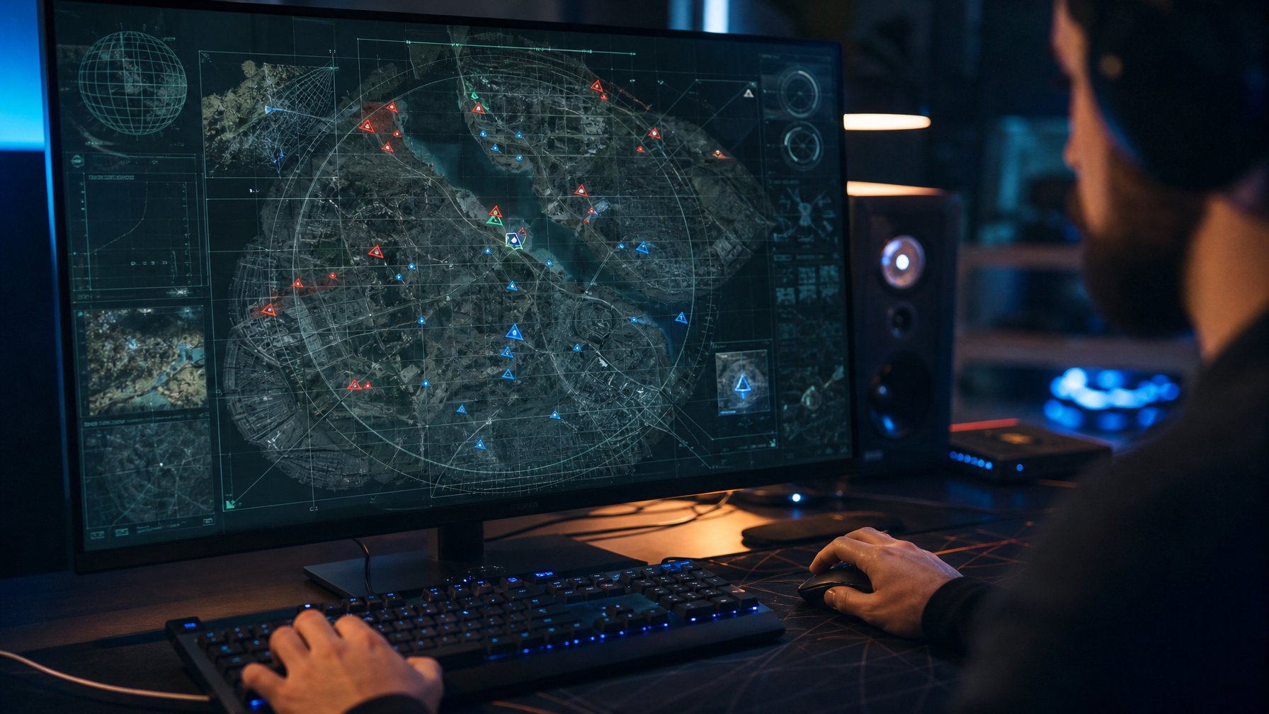 Seorang pemain game sedang melihat layar komputer yang menampilkan radar dan peta untuk menghubungkan musuh dalam posisi permainan.