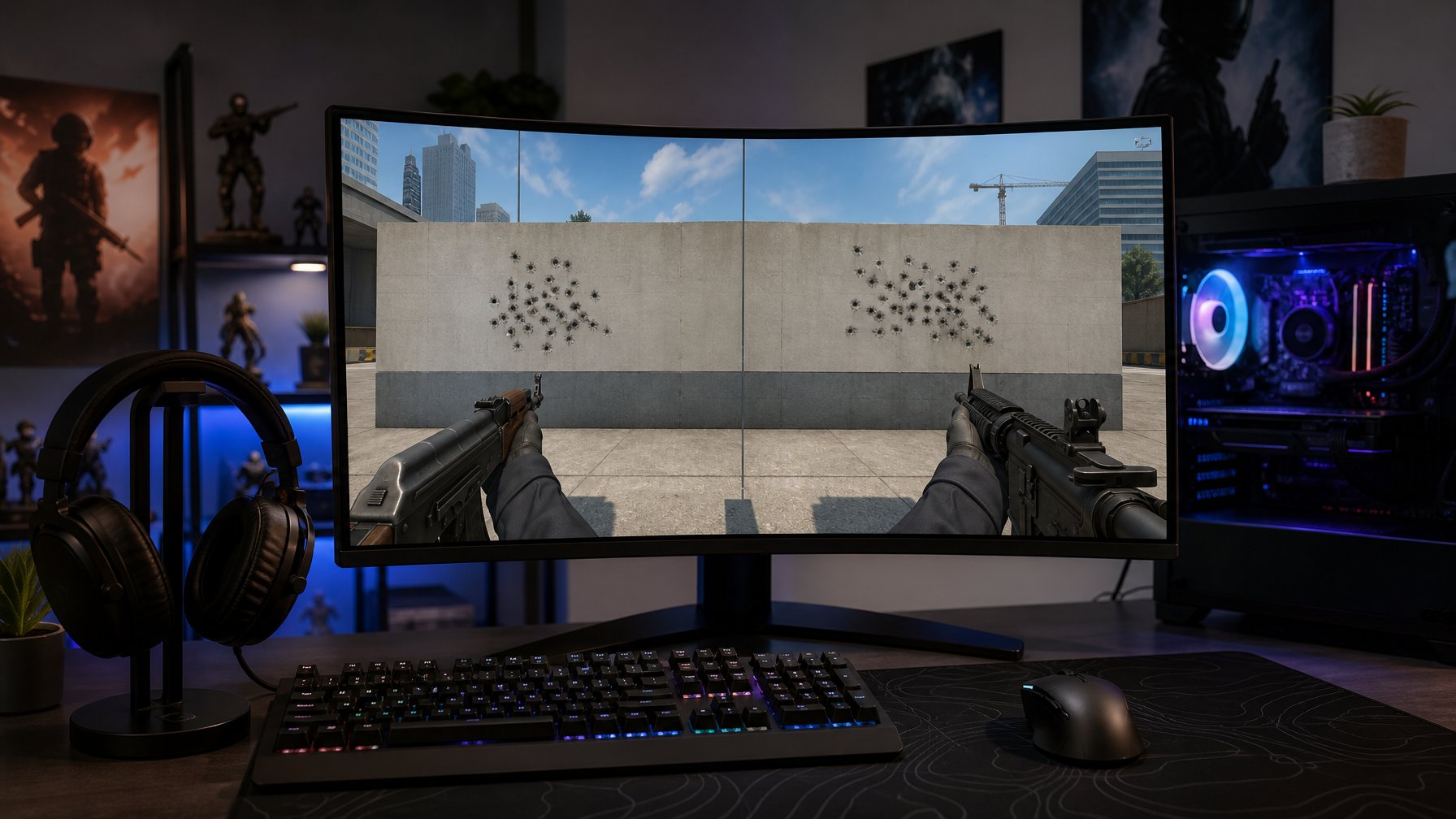 Seorang gamer sedang berlatih mengendalikan tembakan senjata AK-47 dan M4A4 dalam permainan Counter-Strike 2 dengan setup komputer lengkap.