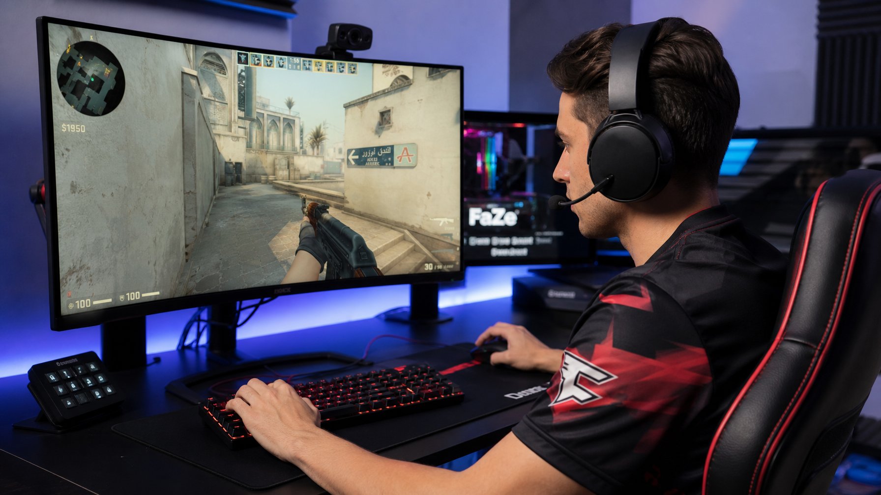 Seorang gamer muda fokus bermain game tembak-menembak di depan layar komputer dengan headset dan perlengkapan gaming.