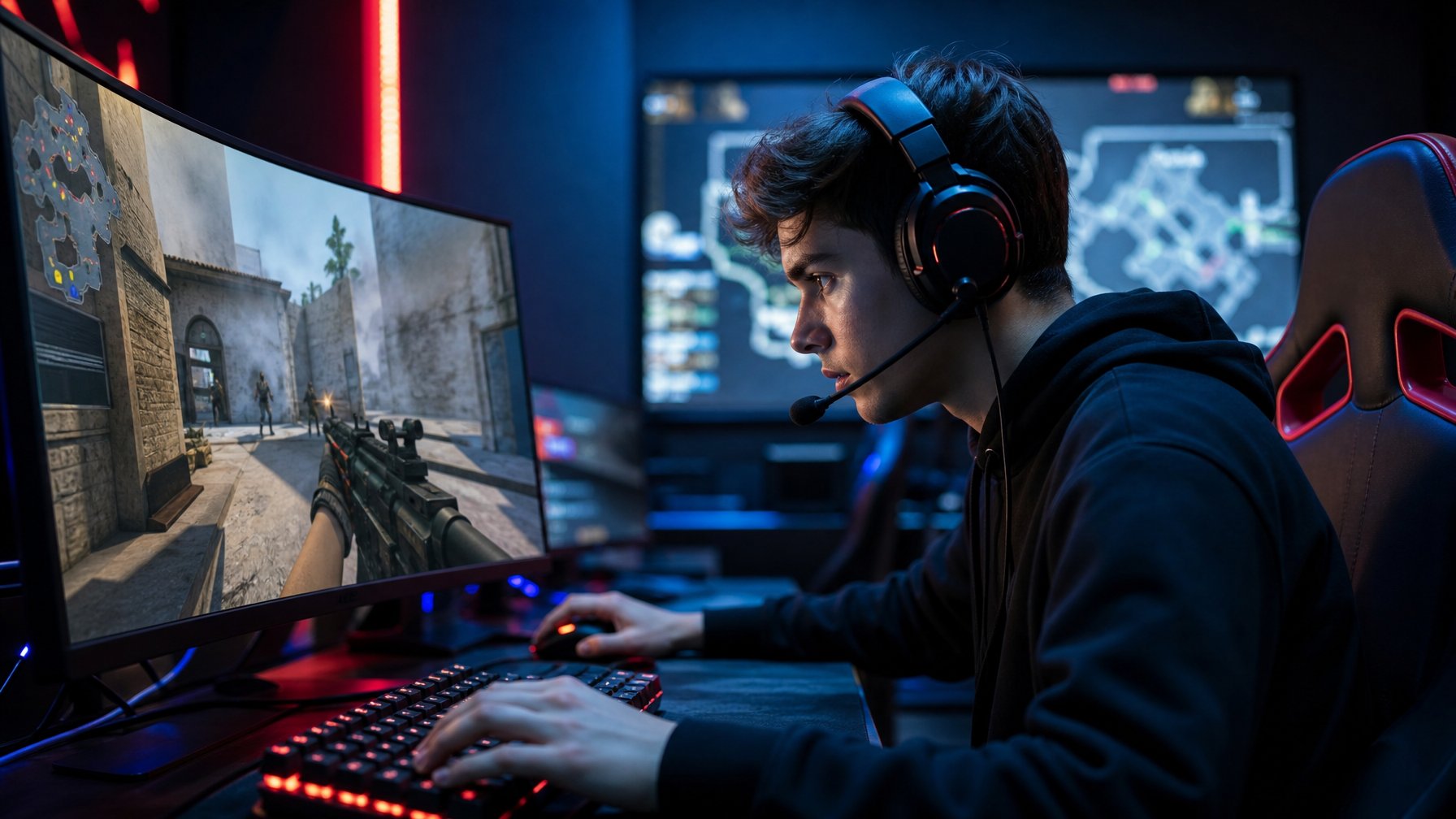Seorang gamer muda fokus bermain game tembak-menembak di depan layar komputer dengan perlengkapan gaming lengkap.