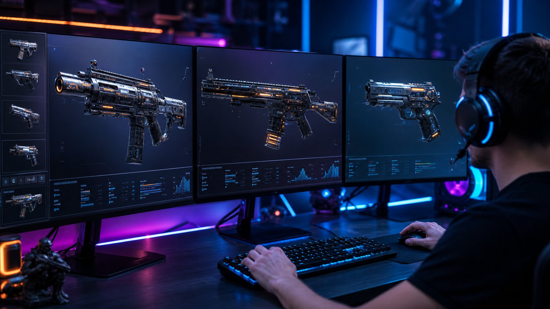 Seorang gamer sedang menganalisis model senjata futuristik di layar komputer dalam ruangan dengan pencahayaan biru dan ungu.