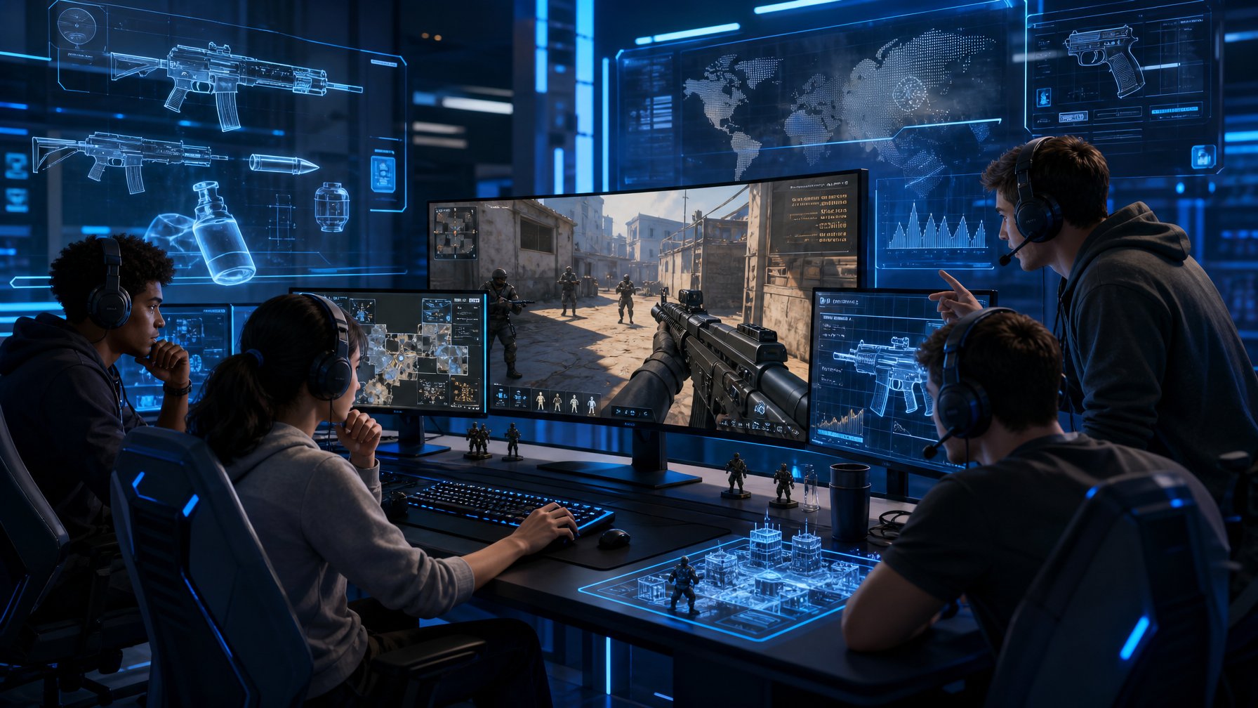 Sejumlah pemain game sedang fokus bermain Counter-Strike 2 dengan layar komputer menampilkan senjata dan peta permainan di meja gaming modern.