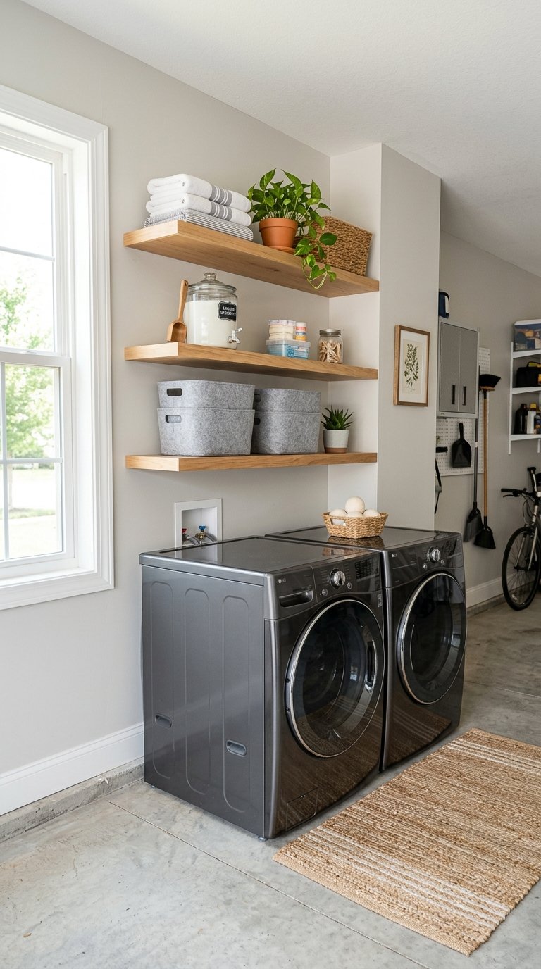 Garage laundry room with washer and dryer side by side and open shelves above holding laundry supplies.