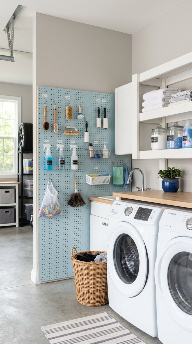 A garage laundry room with a pegboard wall holding various laundry tools and supplies, next to a washer and dryer.