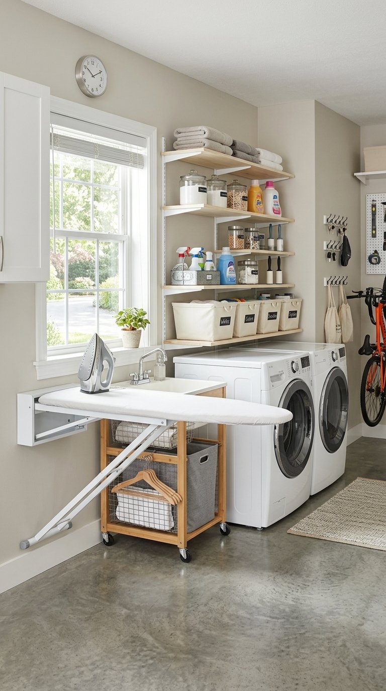 Garage laundry room with a fold-down ironing board mounted on the wall, washer and dryer, and organized shelves with laundry supplies.