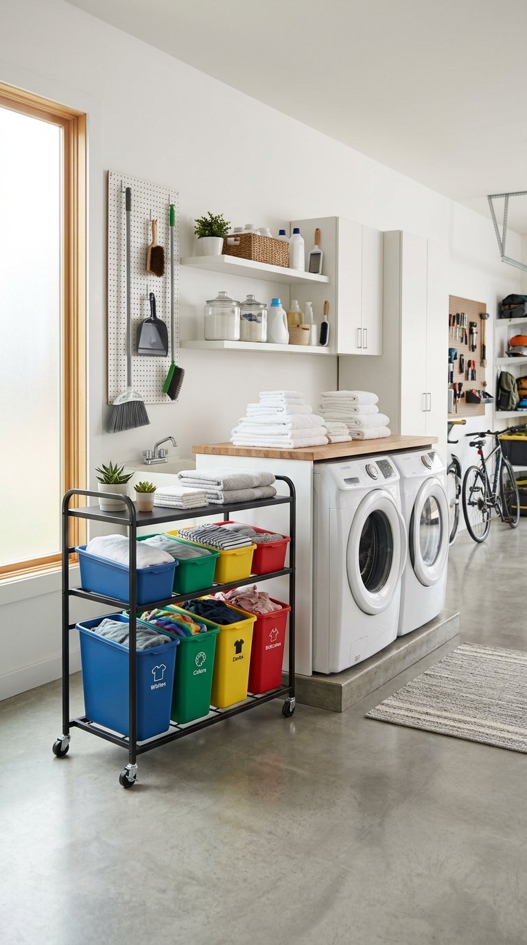 A garage laundry room with a rolling cart holding colorful sorting bins next to a washer and dryer.