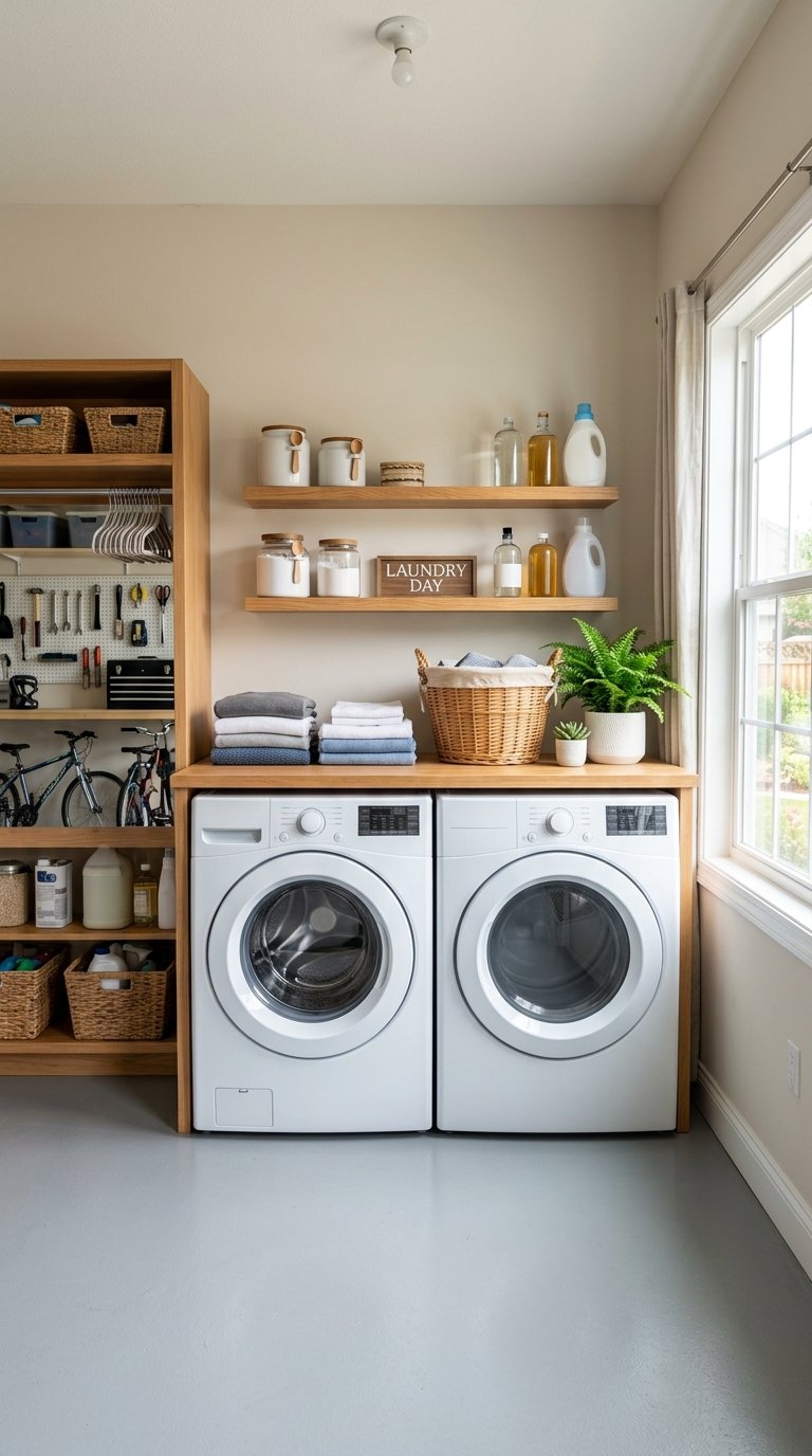 Garage laundry room with a small folding countertop, washer and dryer, shelves with laundry supplies, and folded clothes.