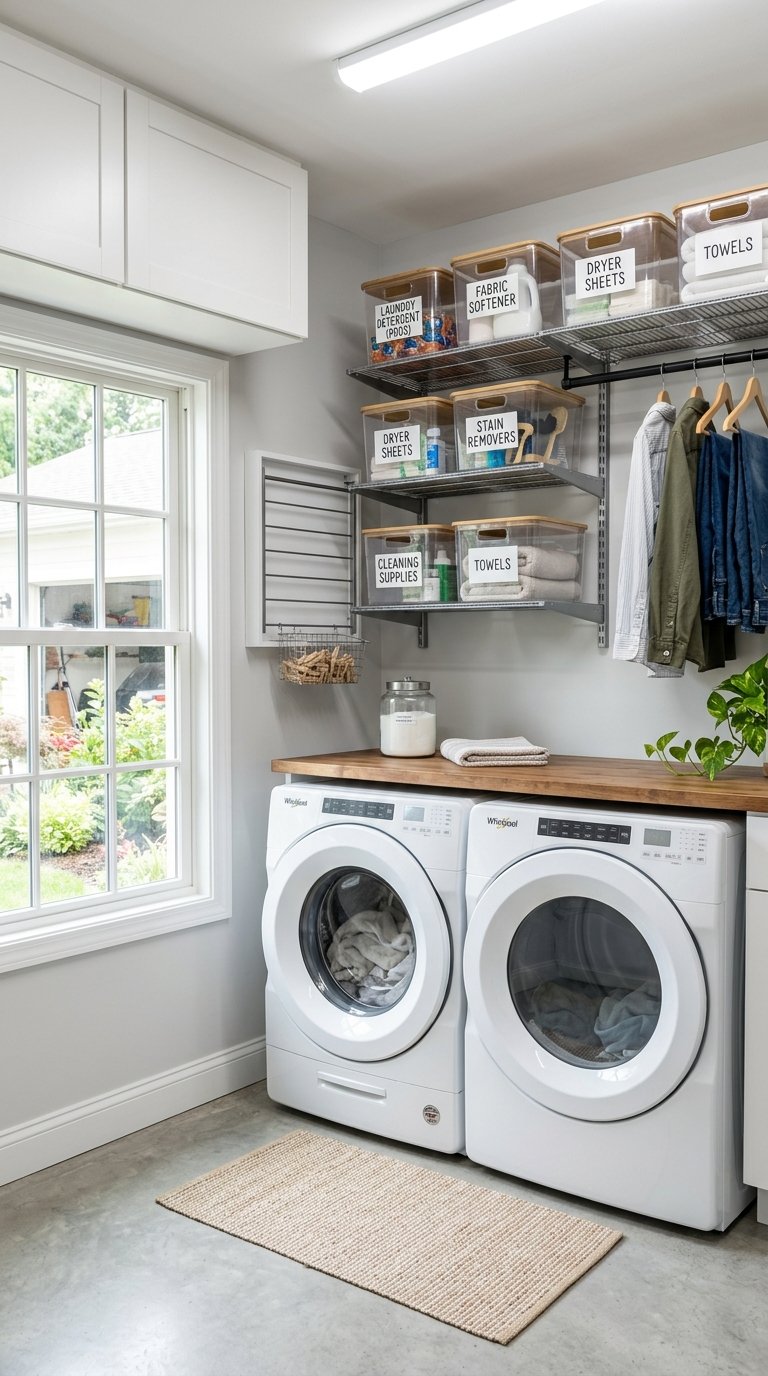 A clean and organized garage laundry room with clear labeled storage bins on shelves, a washing machine and dryer, and bright natural lighting.