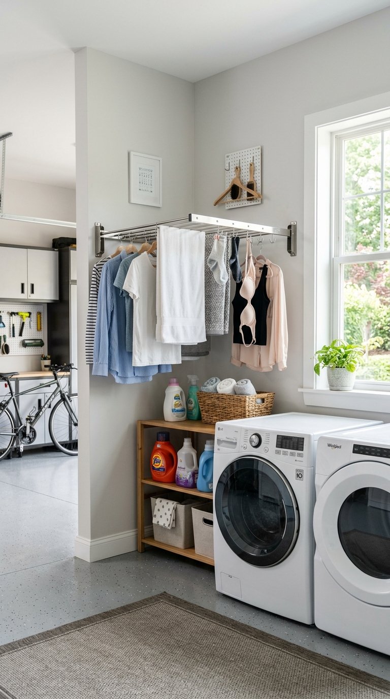 Garage laundry room with a wall-mounted drying rack holding clothes, washing machine, and organized storage shelves.
