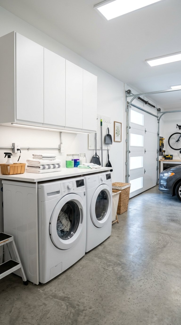 A bright garage laundry room with a washing machine, dryer, white cabinets, and LED lighting illuminating the space.