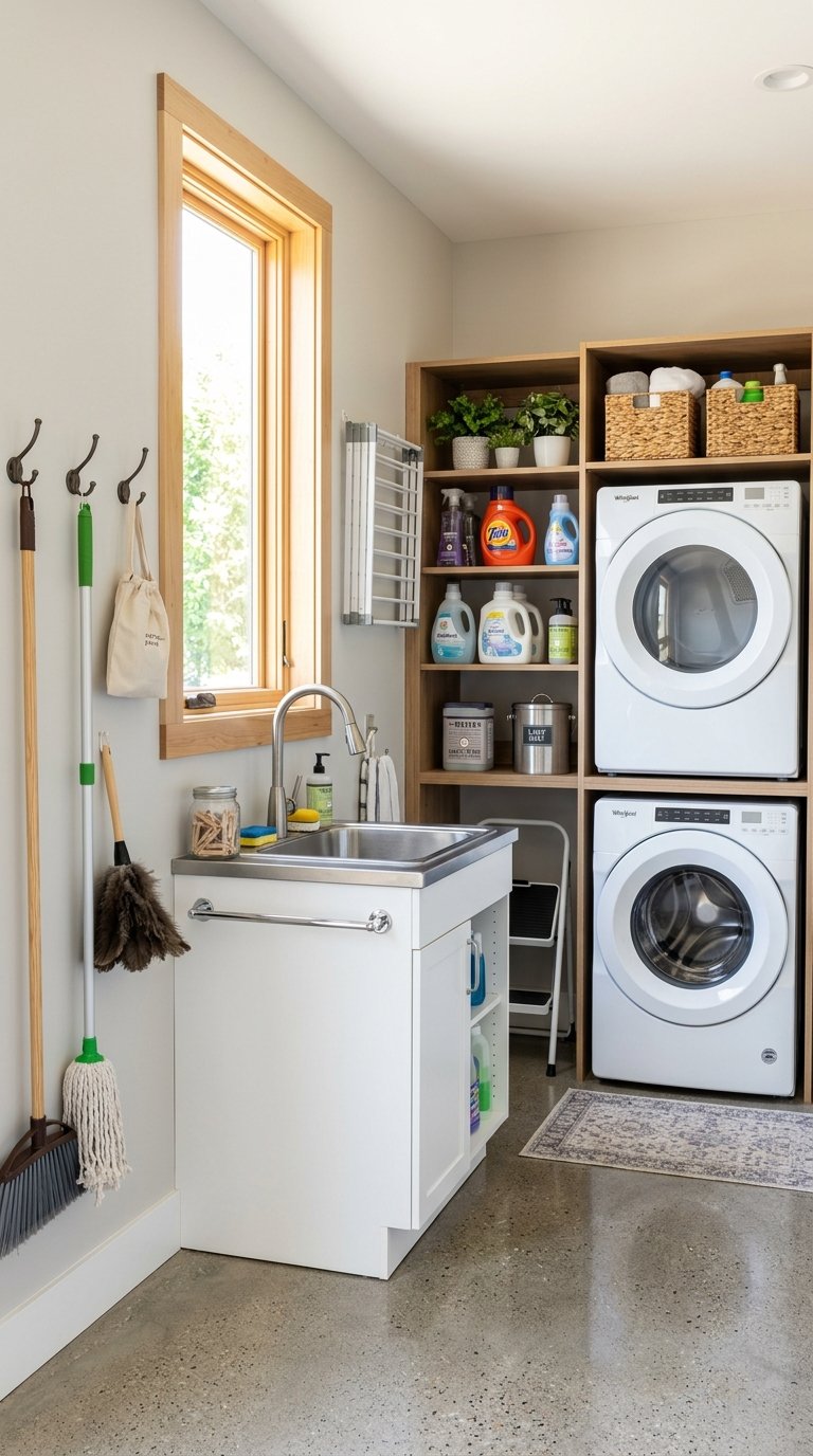 A small utility sink in a tidy garage laundry room with a washer and dryer, shelves with laundry supplies, and cleaning tools hanging on the wall.