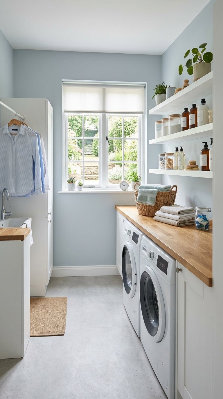 A bright garage laundry room with light-colored walls, washer and dryer, shelves with laundry supplies, and natural light coming through a window.