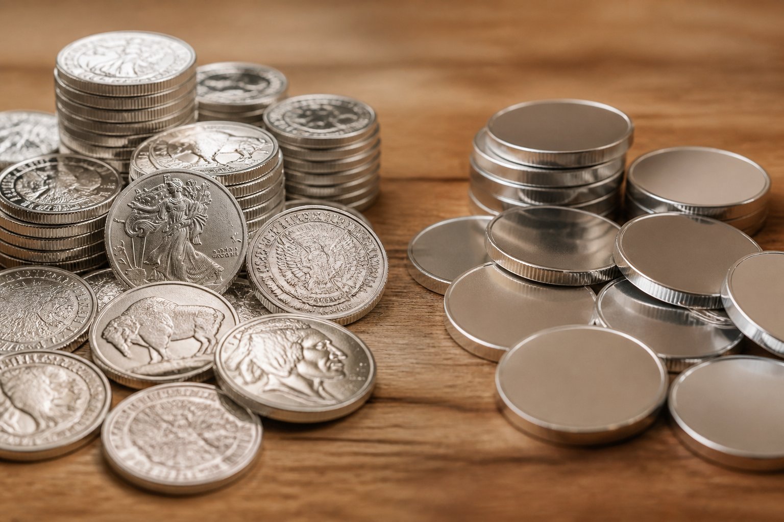 Close-up of coins and rounds arranged on a wooden table, showing detailed coins on one side and smooth rounds on the other.
