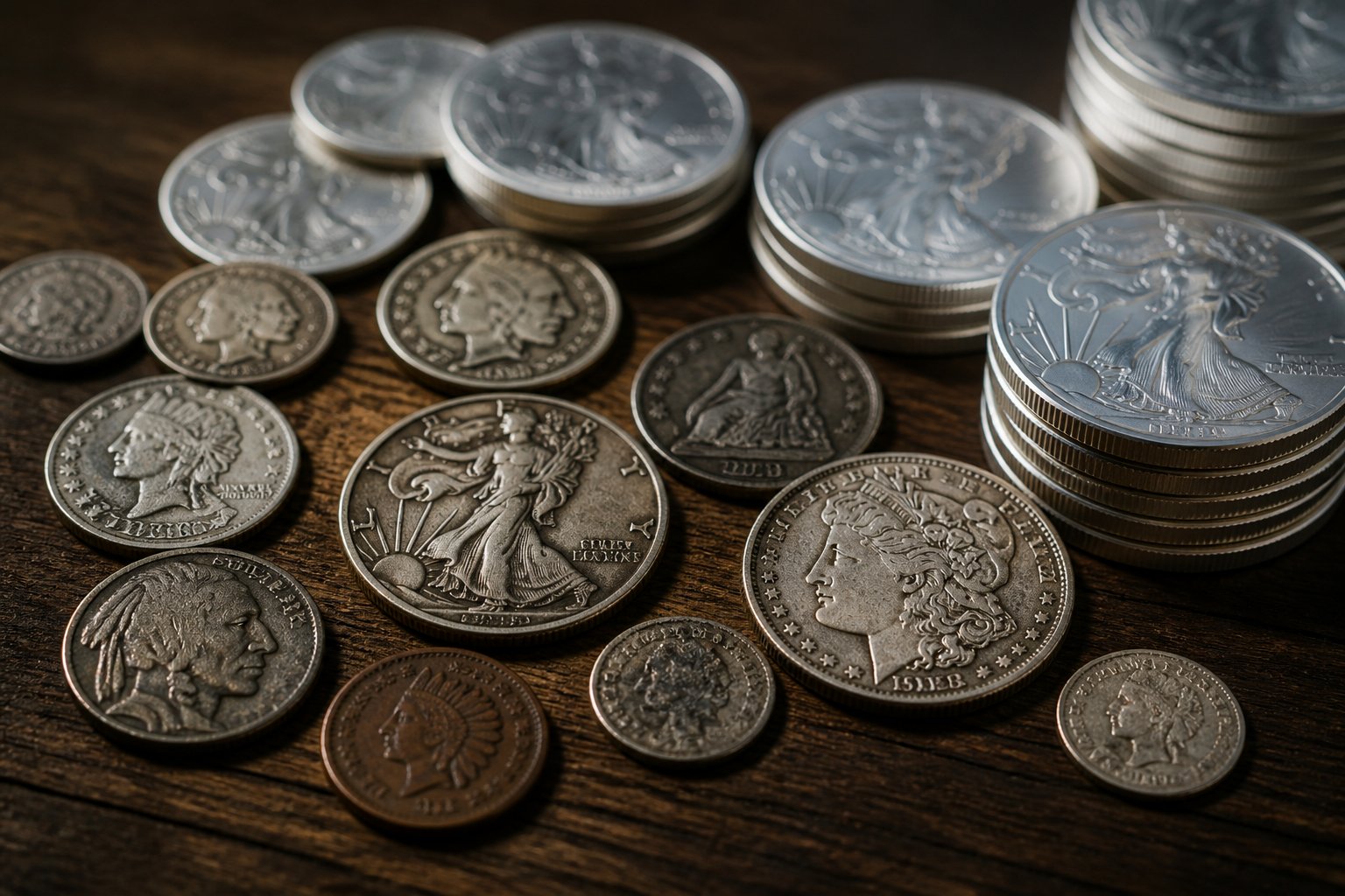 Close-up of various coins and silver rounds arranged on a wooden surface showing detailed engravings and metallic shine.
