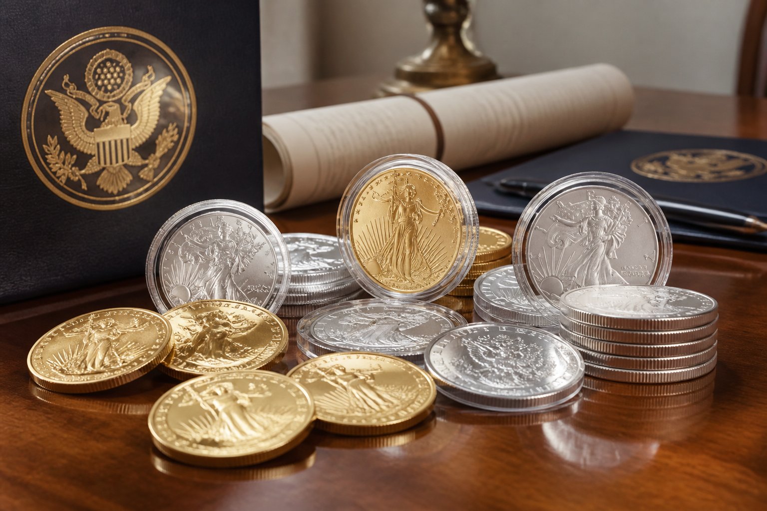 Close-up of gold and silver coins and rounds on a wooden table with official documents and government seals in the background.