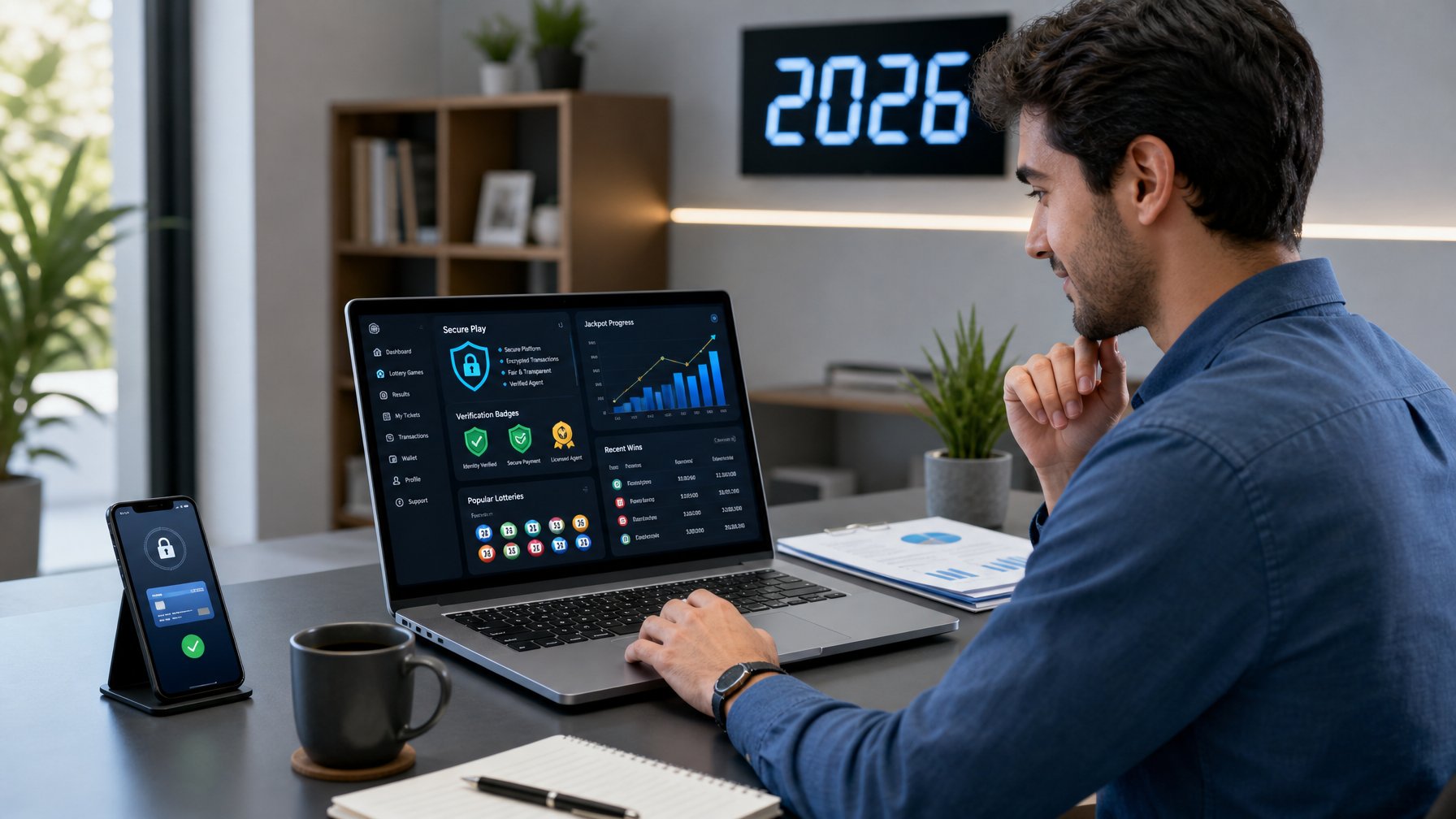 Seorang pria muda duduk di meja kantor modern sambil melihat layar laptop yang menampilkan platform lotere online yang aman dan terpercaya.