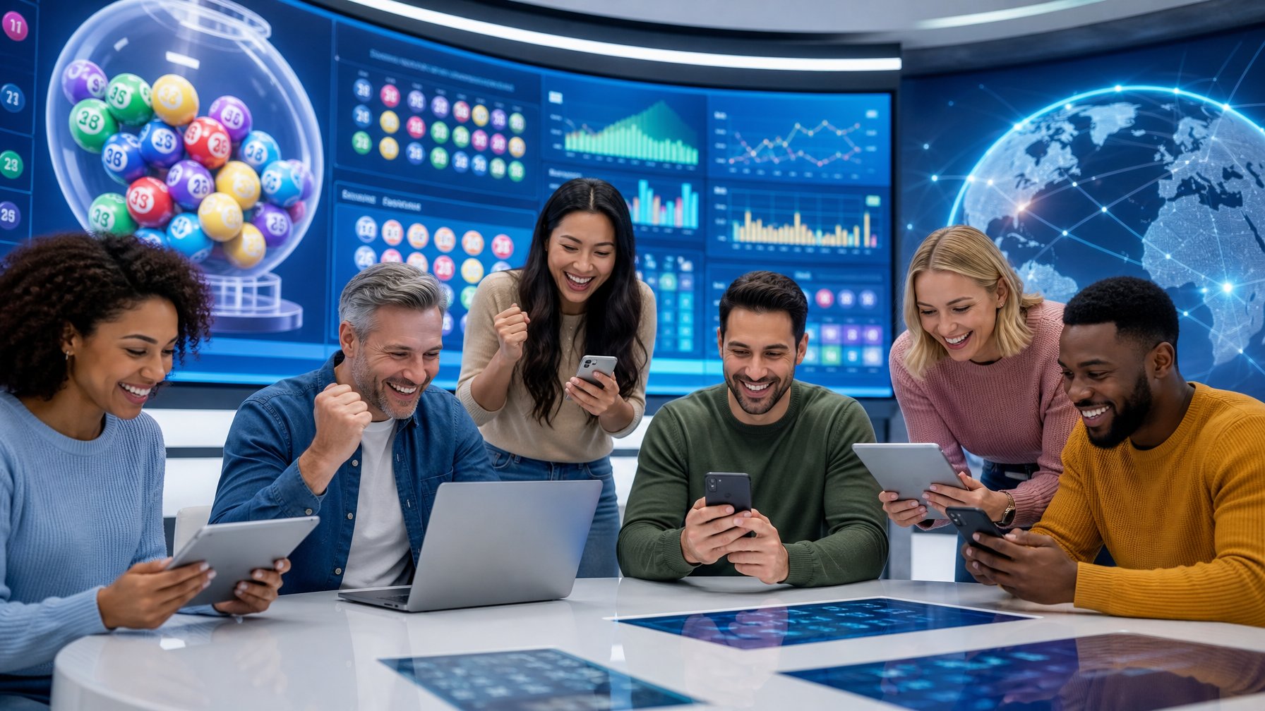 Orang-orang menggunakan perangkat digital untuk bermain togel online dengan layar menampilkan angka dan grafik pasar togel.