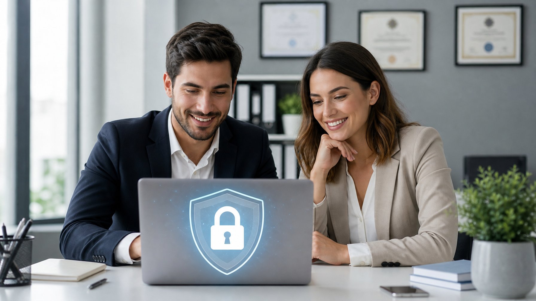 Seorang pria dan wanita duduk di meja modern dengan laptop yang menampilkan situs web aman, di latar belakang terdapat sertifikat di dinding dalam ruangan kantor yang terang dan rapi.