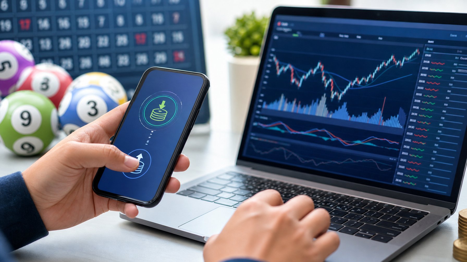 Seseorang menggunakan smartphone dan laptop di meja kerja dengan grafik keuangan di layar, menggambarkan transaksi deposit dan penarikan cepat.