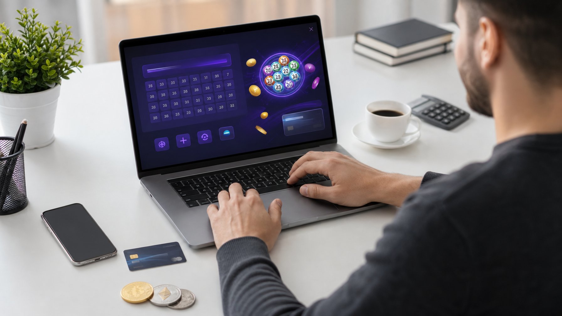 Seorang pengguna laptop sedang melakukan transaksi cepat di platform togel online dengan kartu kredit dan ponsel di meja.