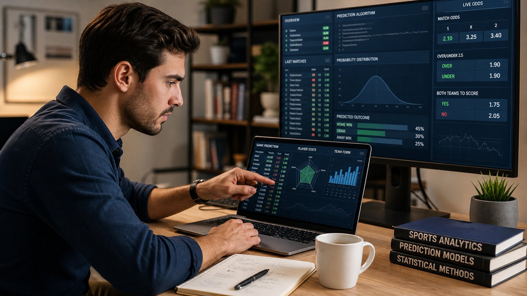 Seorang pria muda sedang menganalisis data di laptop di ruang kerja modern yang rapi dengan beberapa layar digital menampilkan grafik dan angka.