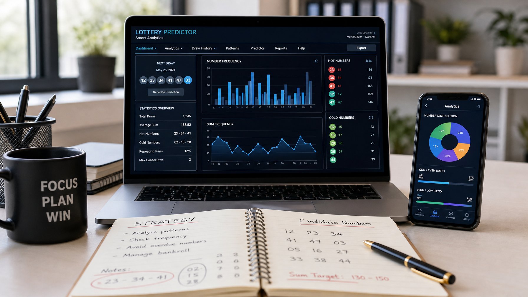 Seorang profesional sedang bekerja di depan laptop dengan grafik dan data angka, di meja terdapat catatan dan smartphone, di ruang kantor yang terang.