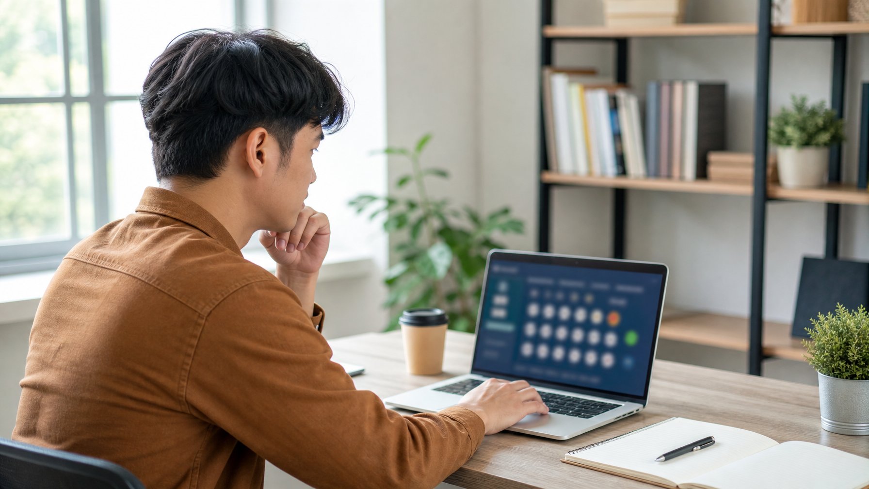 Seseorang duduk di meja dengan laptop, fokus belajar bermain togel online di rumah.