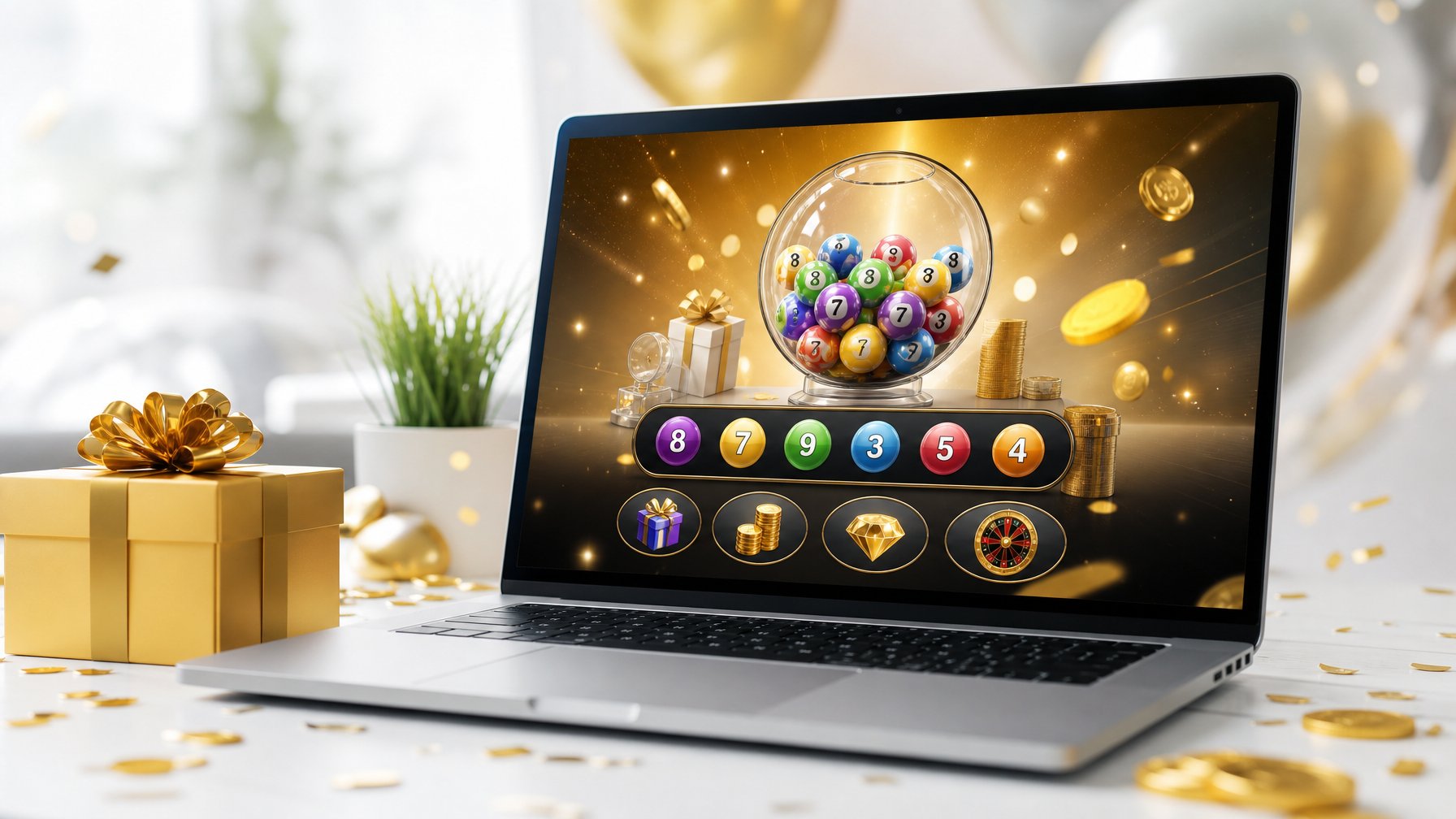 Sebuah laptop di atas meja dengan layar menampilkan antarmuka lotere online, dikelilingi oleh koin emas dan kotak hadiah sebagai simbol bonus dan promosi menarik.