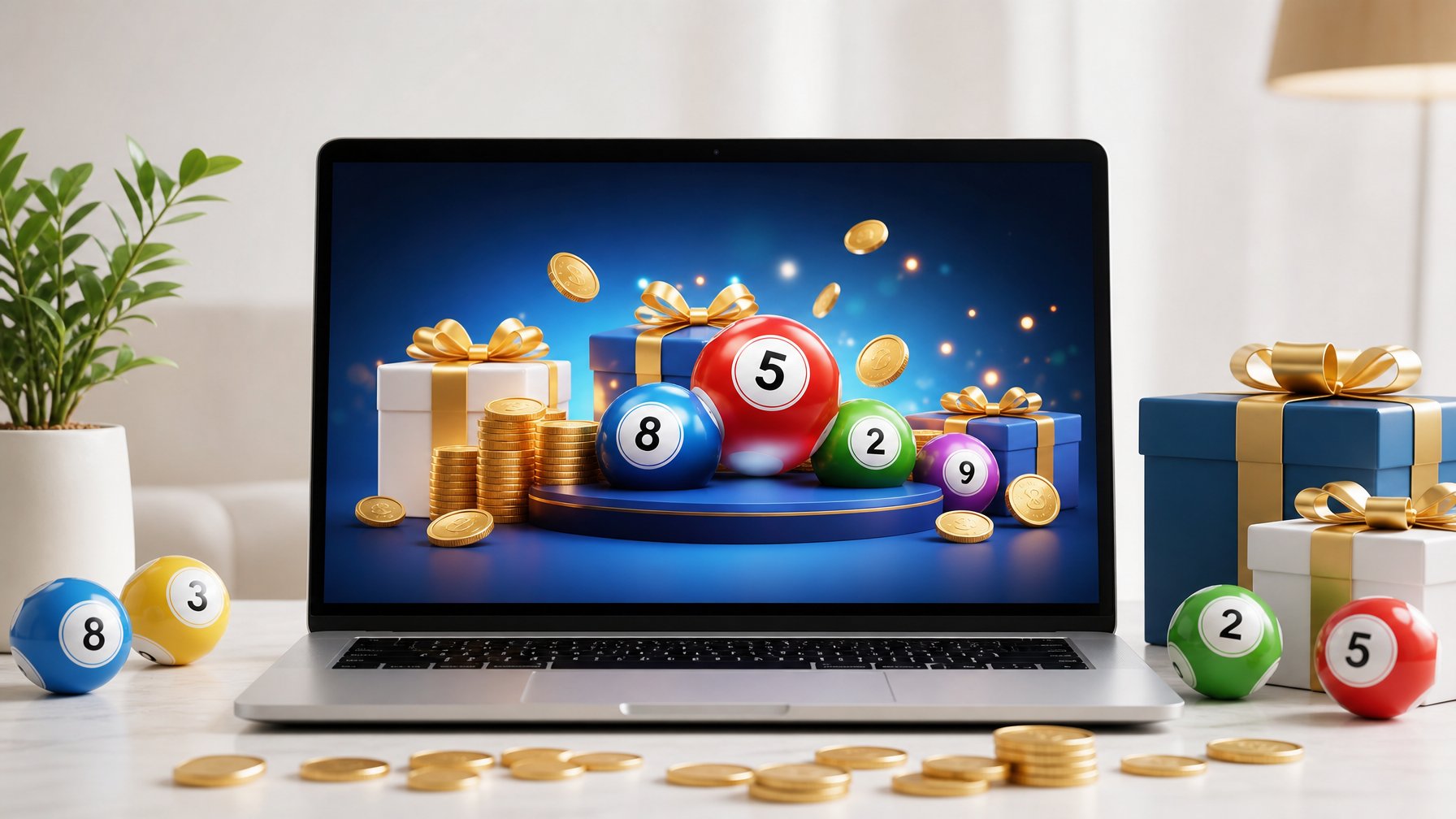 Sebuah komputer menampilkan situs web dengan gambar hadiah dan koin di sekitarnya, menggambarkan bonus dan promosi dalam permainan togel online.