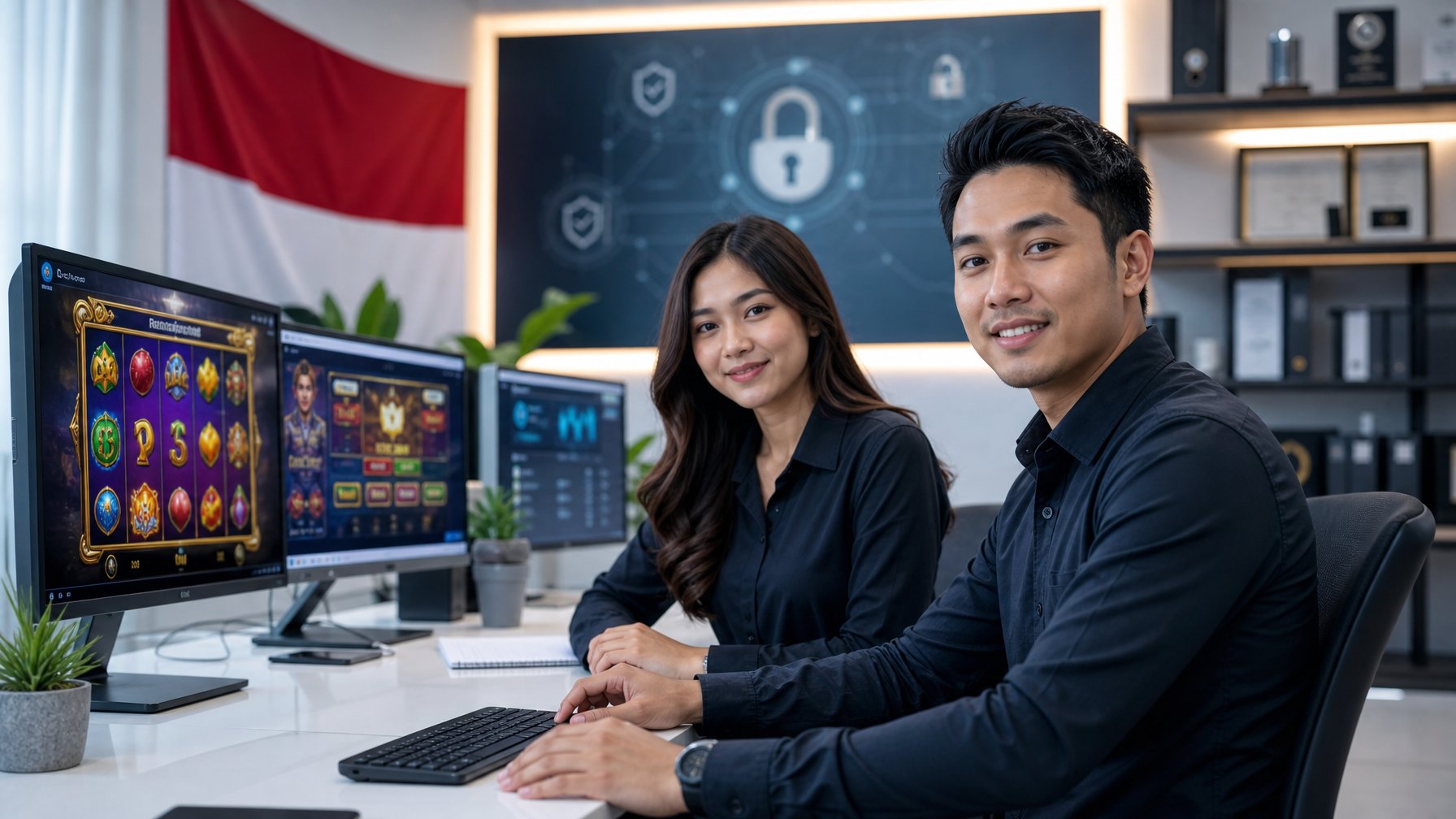 Dua orang Indonesia sedang bekerja di depan komputer dengan tampilan permainan slot online dan simbol keamanan di latar belakang.