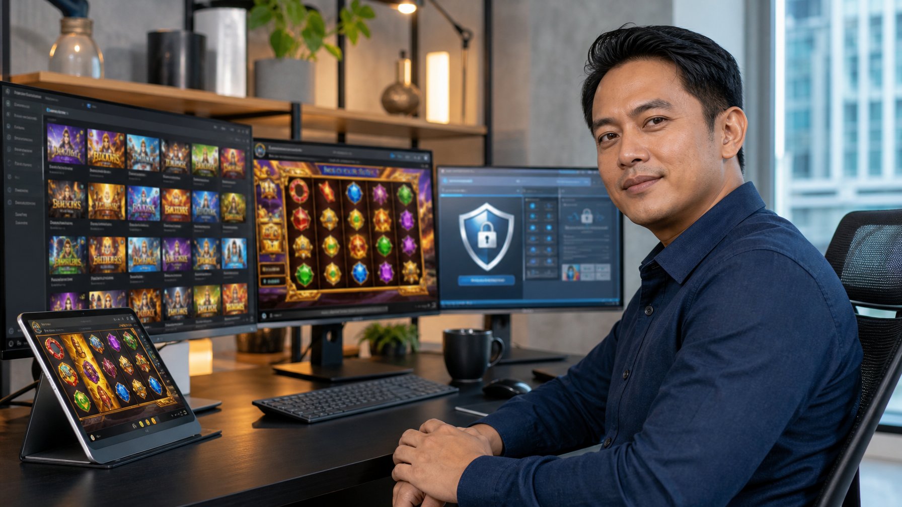 Seorang pria Indonesia duduk di meja kerja dengan beberapa layar komputer yang menampilkan permainan slot online dan simbol keamanan digital.